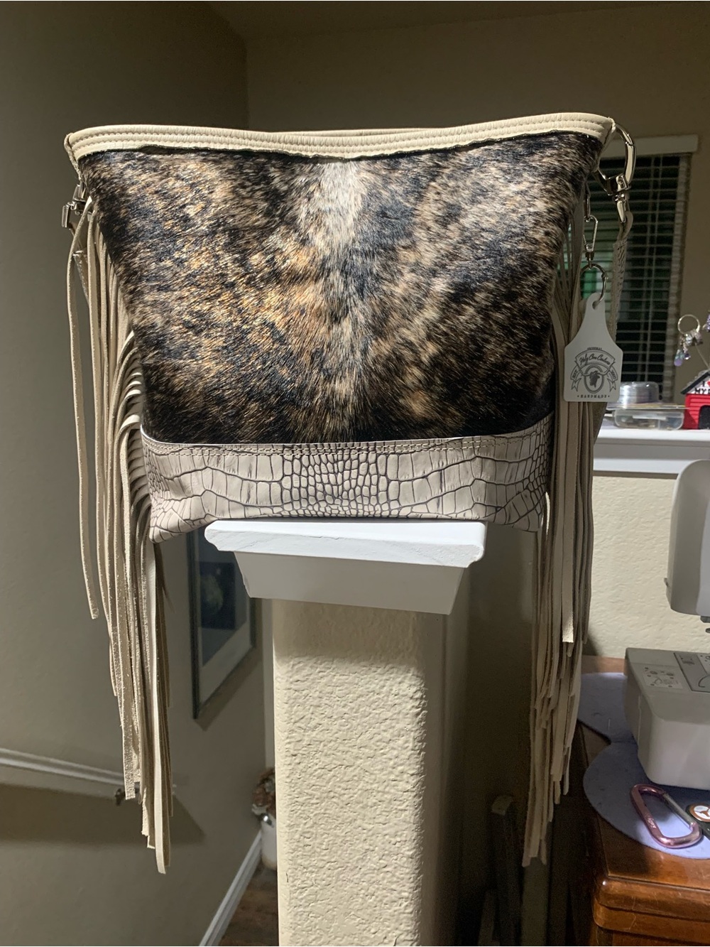 Holy Cow Couture Fringed Shoulder Bag with Croc-Textured Trim in Cream and Brown